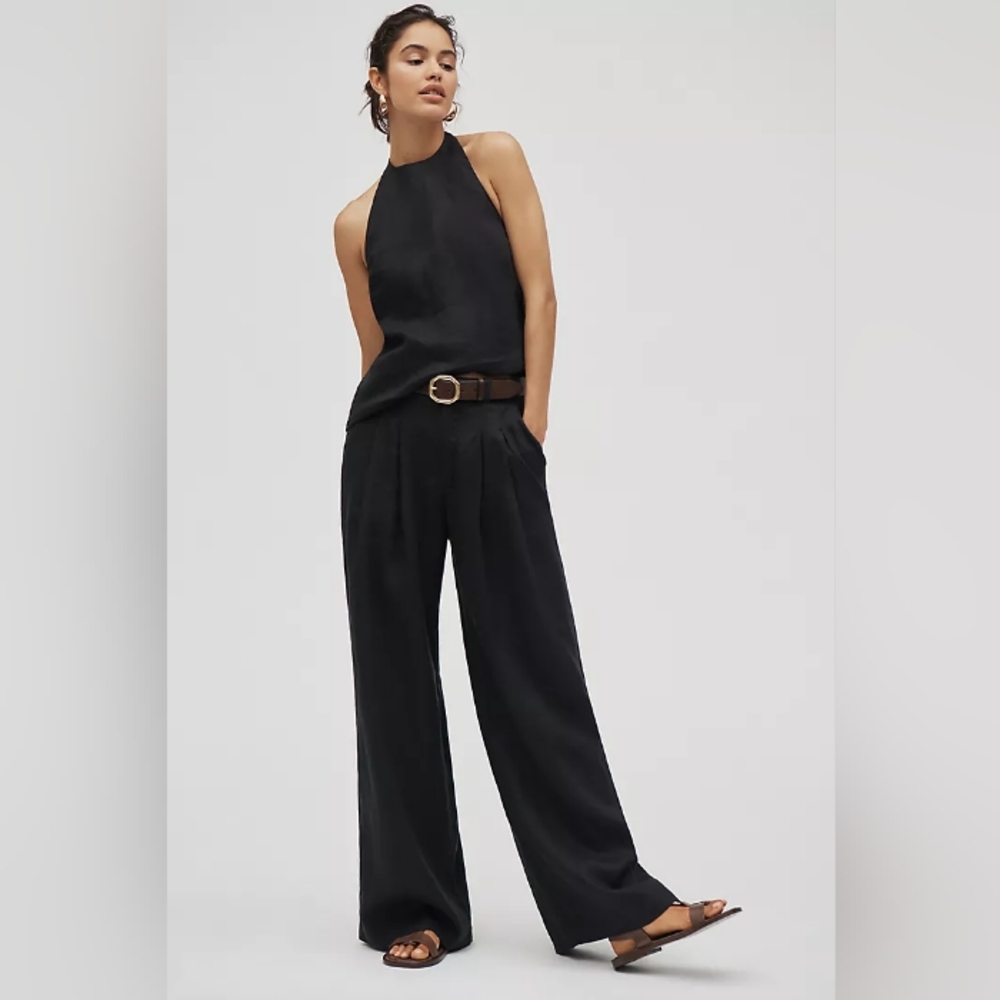GENTLE HERD Pure Linen Black High Waist Pleat Wide Leg Relaxed Fit Pants…